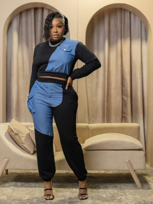 FEELING GOOD PANTS SET BLACK/DENIM